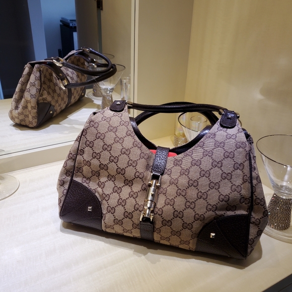 Gucci Jackie brown canvas shoulder bag; brown with gold hardware, studs - Picture 1 of 9